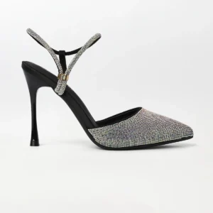Women black crystal pointed heels with slim high heel