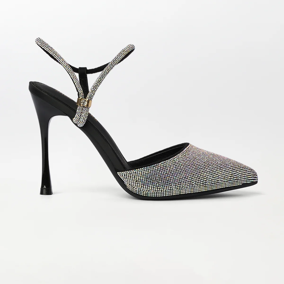Women black crystal pointed heels with slim high heel