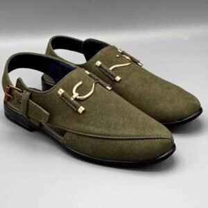 Men olive green suede Peshawari chappal with gold bit buckle