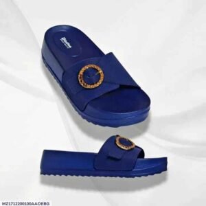 Women royal blue platform slides with gold circle buckle
