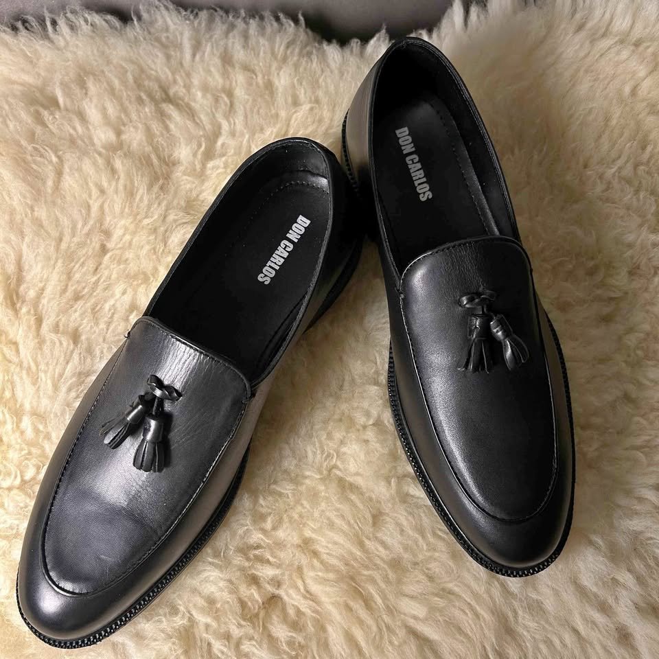 Men black leather tassel loafers formal slip on shoes