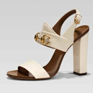 Women cream open toe sandals with gold buckle block heel