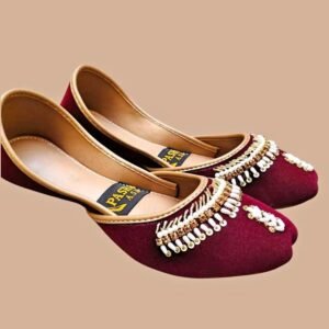 Women maroon velvet khussa with pearl embroidery