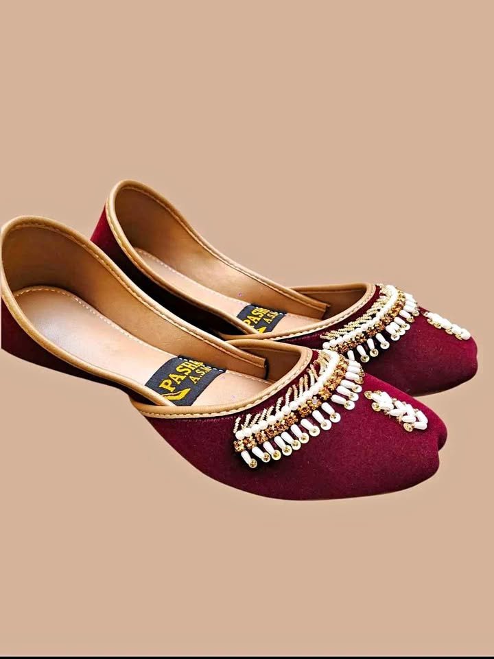 Women maroon velvet khussa with pearl embroidery