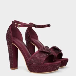 Women maroon platform block heels with sparkling crystal studs