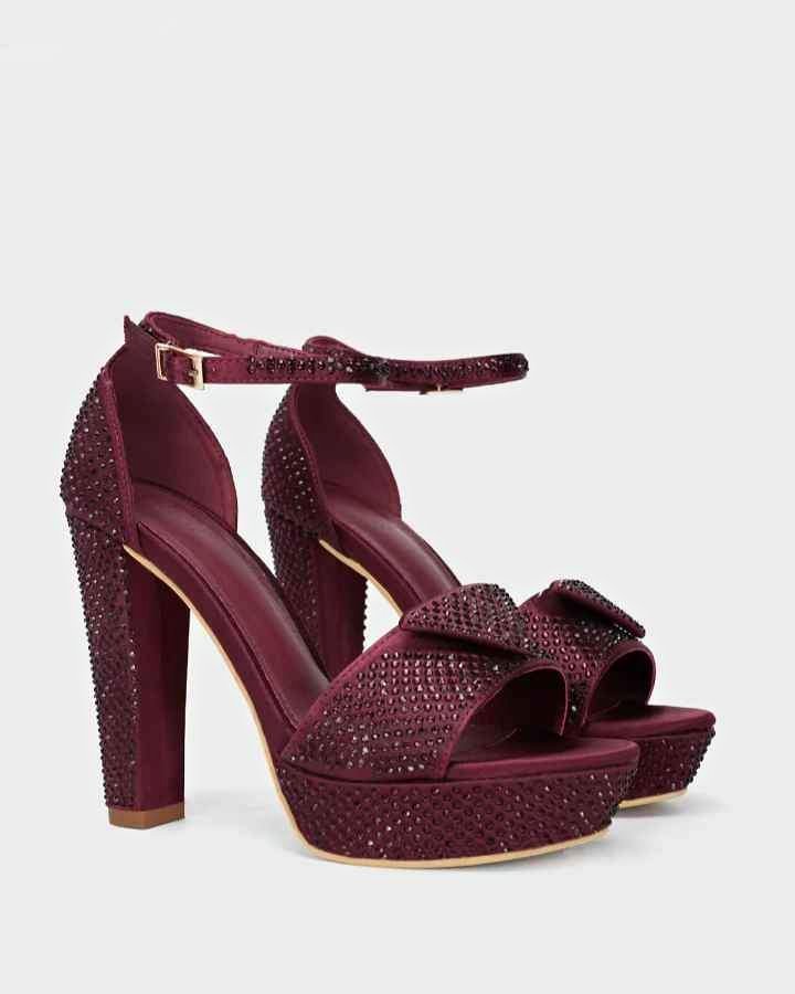 Women maroon platform block heels with sparkling crystal studs