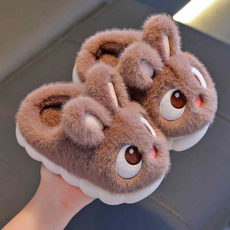 Kids brown plush bunny slippers with soft fur and cute ears