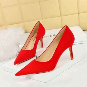 Women bright red suede pointed pumps high heels
