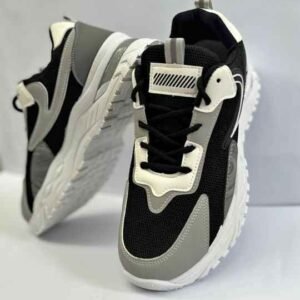Men black grey mesh sports sneakers with white thick sole