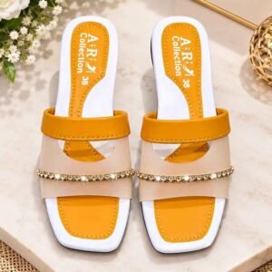 Women yellow fancy sandals with shiny crystal strap