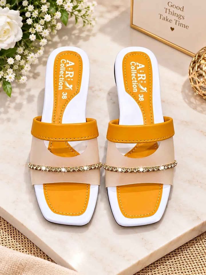 Women yellow fancy sandals with shiny crystal strap