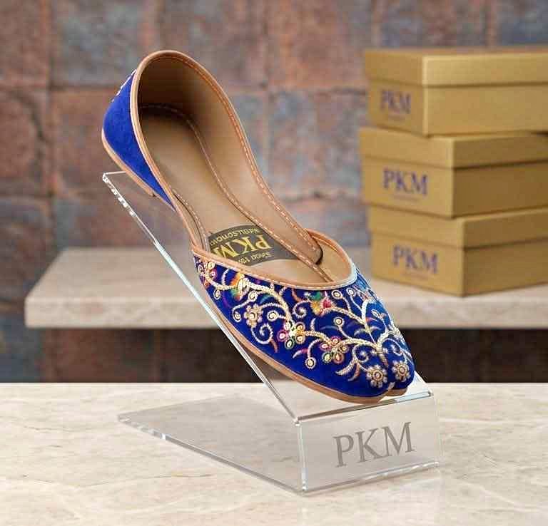 Women royal blue velvet khussa with gold embroidery