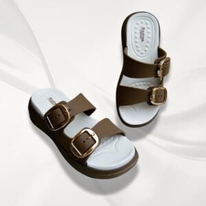 Women olive double buckle comfort slippers