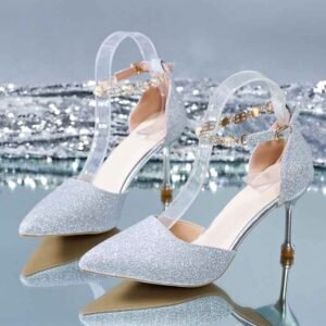 Women silver glitter pointed heels with pearl charm ankle strap