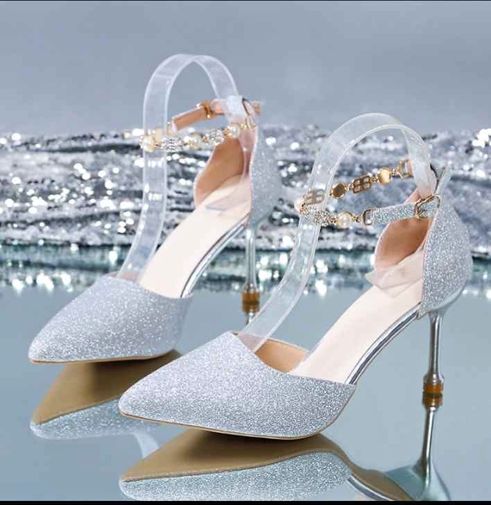 Women silver glitter pointed heels with pearl charm ankle strap