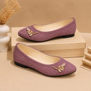 Women purple glitter flat shoes with gold pearl brooch