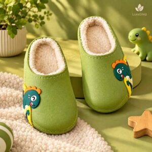 Kids olive green winter slippers with cartoon dinosaur patch and fleece lining