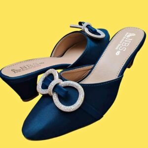 Women teal blue slip-on mules with crystal ring buckle