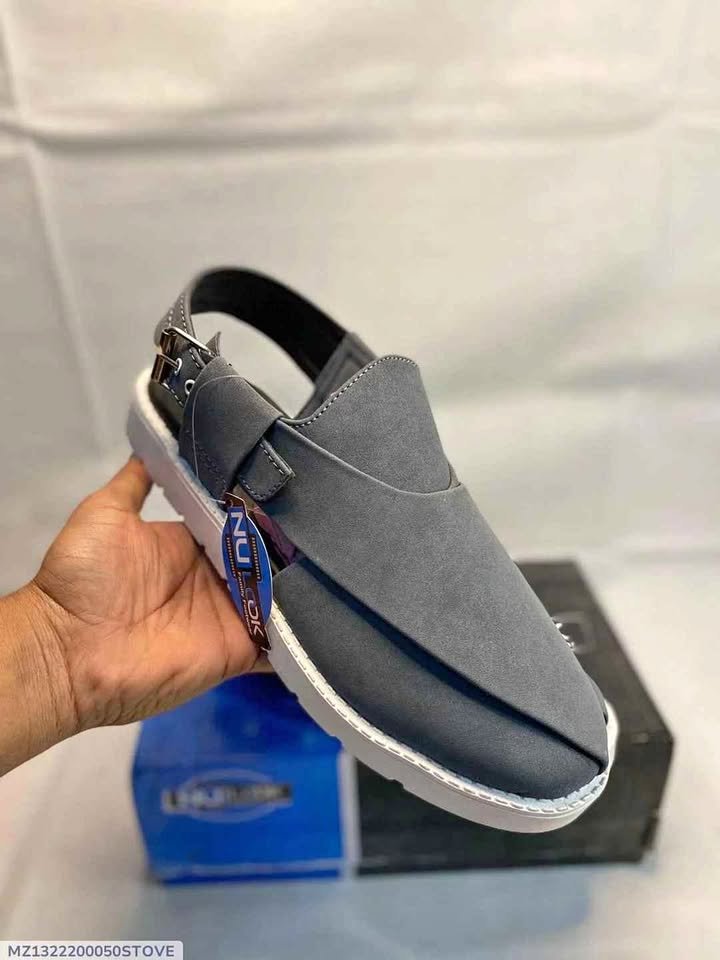 Men grey suede Peshawari chappal with white sole