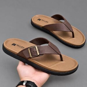 Men brown leather thong slippers with antique gold buckle