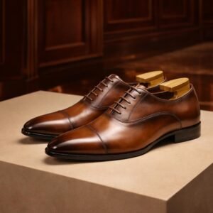 Men tan brown leather cap toe Oxford formal shoes