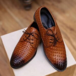 Men tan brown woven leather lace up formal shoes